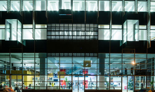 The Alan Guilbert Learning Commons at night
